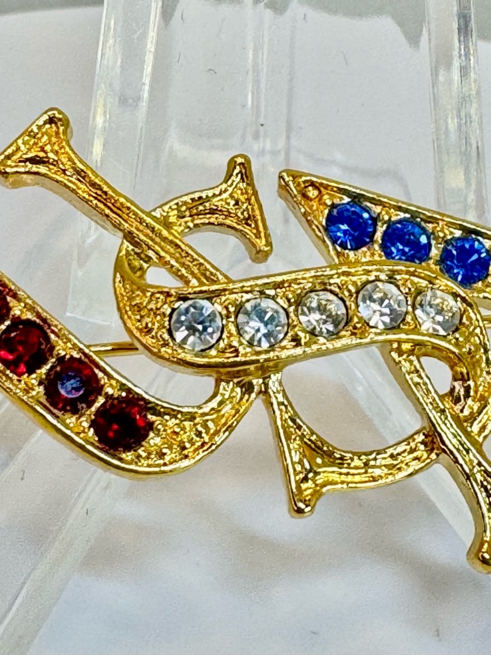 USA-Gold Tone Rhinestone Pin Brooch with Red, Blue and Clear Stones
